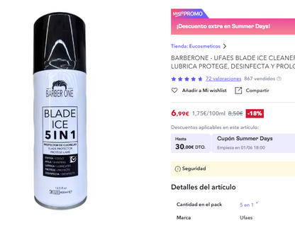 BARBER ONE - UFAES BLADE ICE CLEANER 5 EN 1 SPRAY CUCHILLAS (ENFRÍA, LUBRICA PROTEGE, DESINFECTA Y PROLONGA EL AFILADO) 400ML